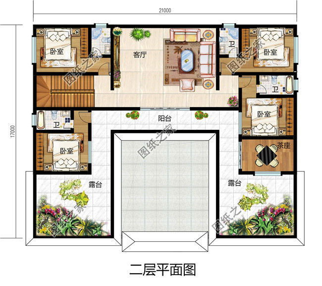 乡村新中式二层四合院别墅设计图，带庭院和露台，21X17米