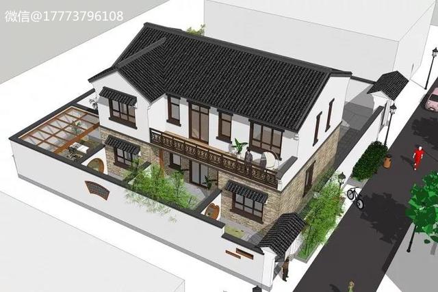 小宅基地也可以建中式带庭院别墅，中式徽派风格