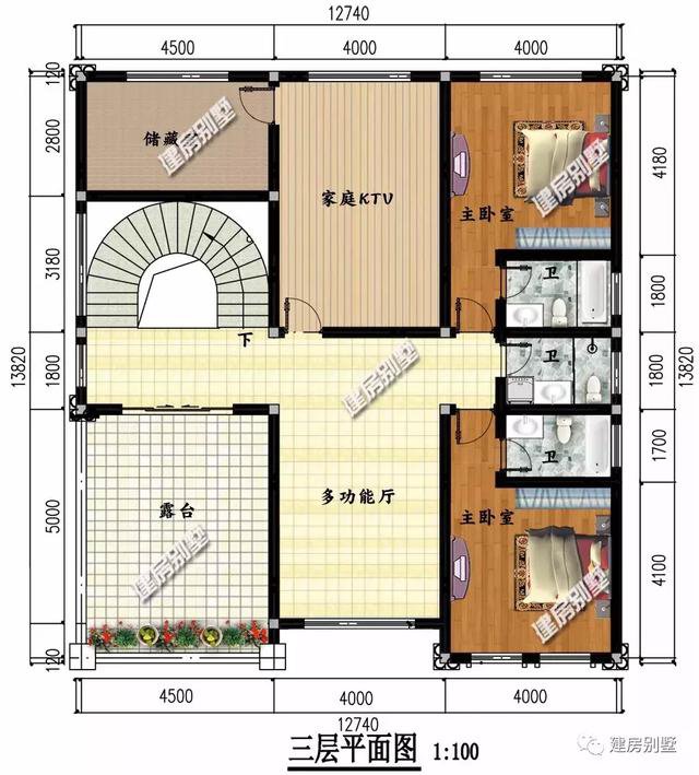 首层配有一室两厅一厨两卫,主卧内设独卫,并配有复式的客厅和旋转楼梯