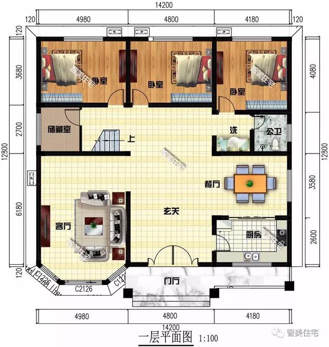 14.2×12.8米二层新民居设计图，河南客户私人定制