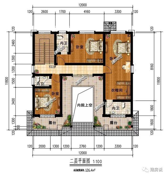 带天井内院的三层新中式别墅设计图，附彩色户型图