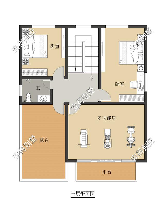 10x12.2m3层中式平屋顶带车库自建房子户型图，住着很舒服