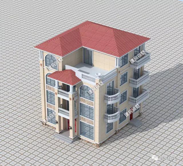 多阳台设计的四层楼房住宅户型图，外观用真石漆装饰