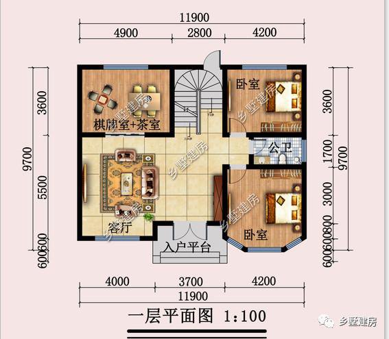 开间11.9米，进深9.7米的三层欧式住房户型图