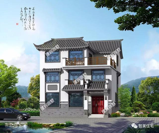 新中式风格住宅户型图，一个平屋顶，一个徽派风格