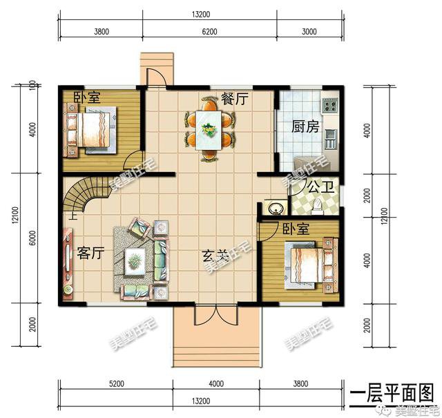 13.2×12.1米三层简欧别墅方案平面图，户型端正