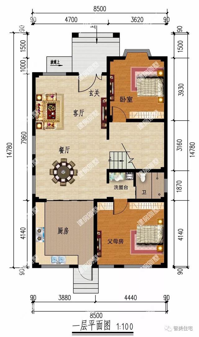 一栋小面宽的三层简约住房户型图，面宽仅8.5米