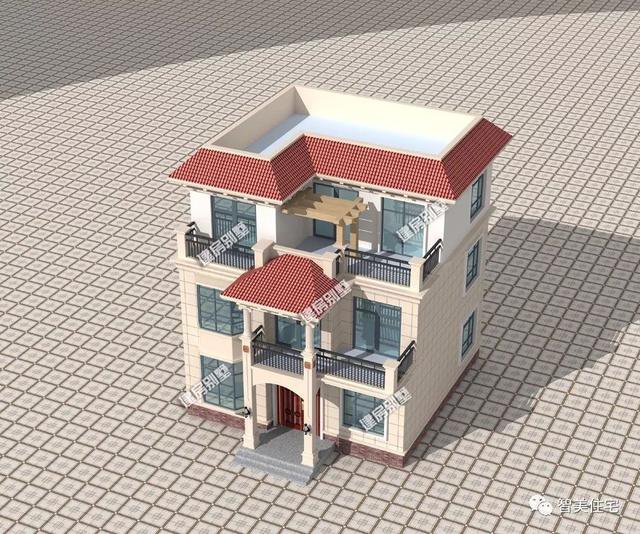 面宽9米平屋顶三层简约住房户型方案图，两层半带露台