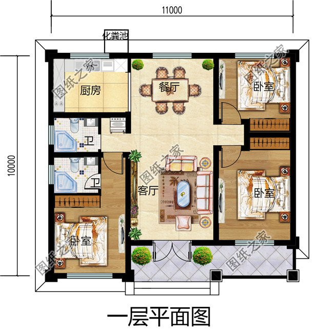 经济型实用欧式一层小楼房别墅平房设计图，11X10米