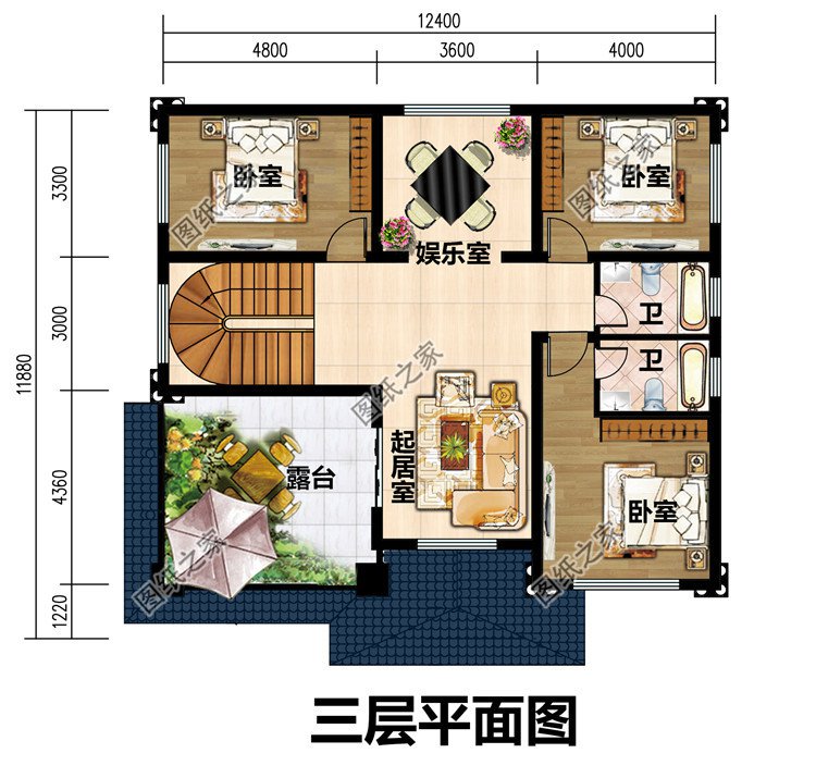 三层带地下室+旋转楼梯别墅设计图纸，二三层复式挑空客厅