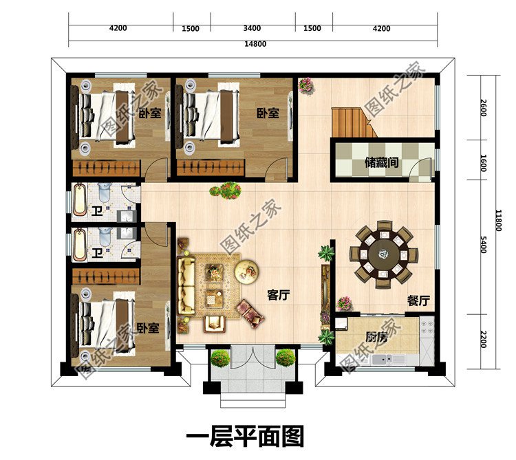 面宽15米左右二层简欧房子设计方案图，外观对称设计，厨房在前面