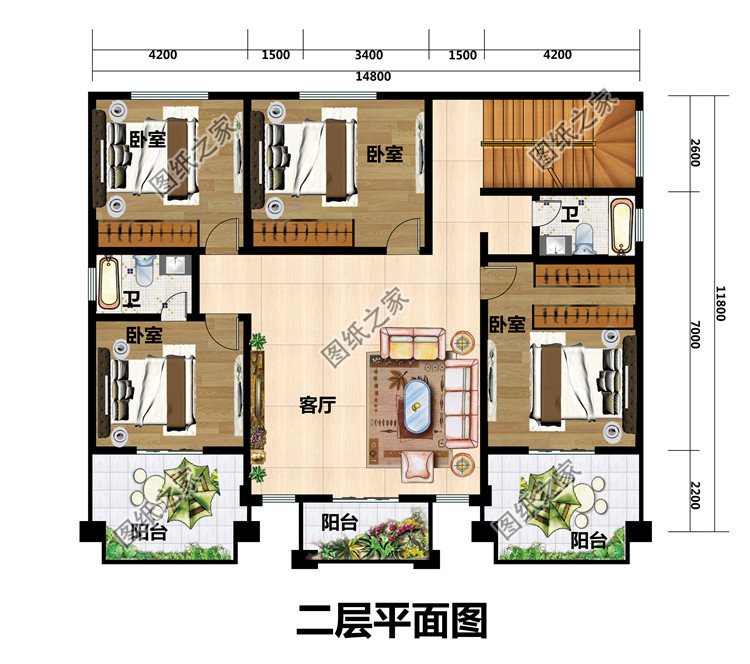 面宽15米左右二层简欧房子设计方案图，外观对称设计，厨房在前面