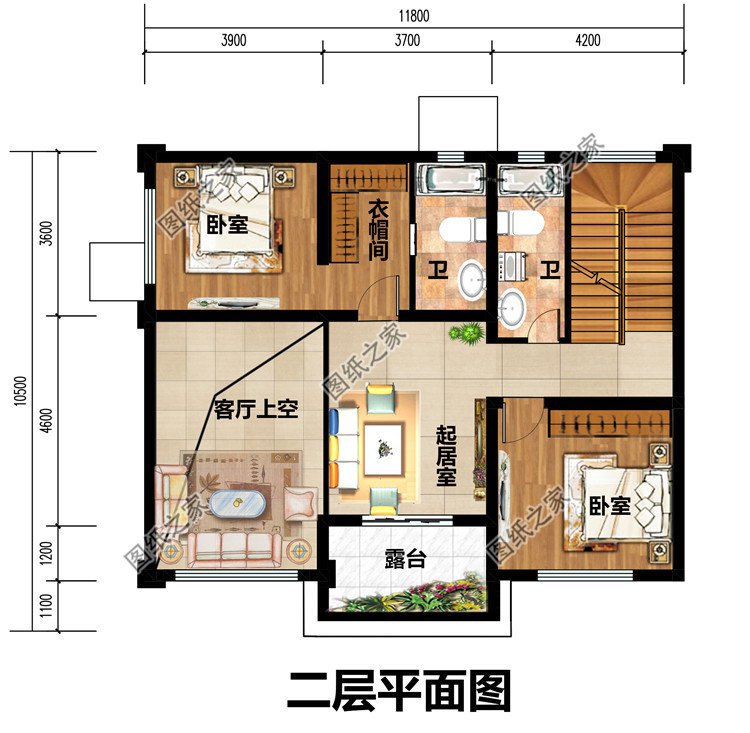 100平米新农村三层复式别墅自建房二层平面图