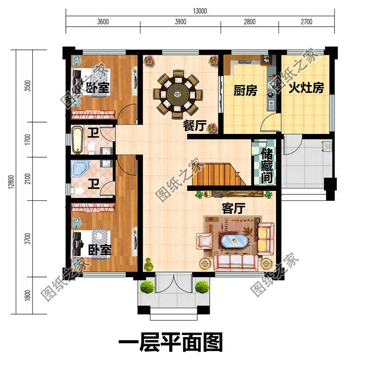 农村两层新中式自建房一层平面图