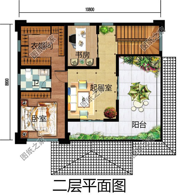 100平米二层自建别墅二层效果图