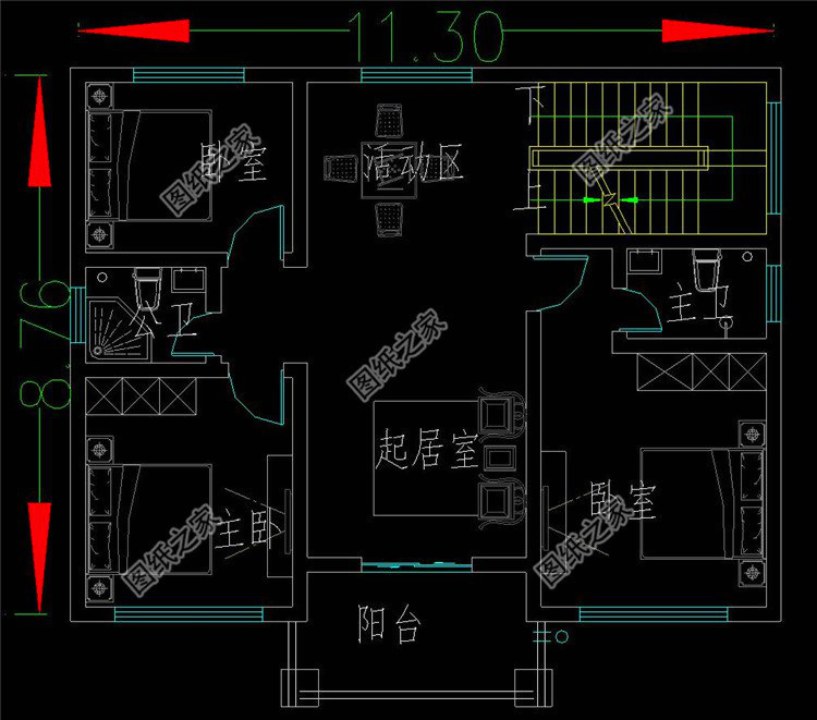 新中式三层别墅设计图纸二层户型图