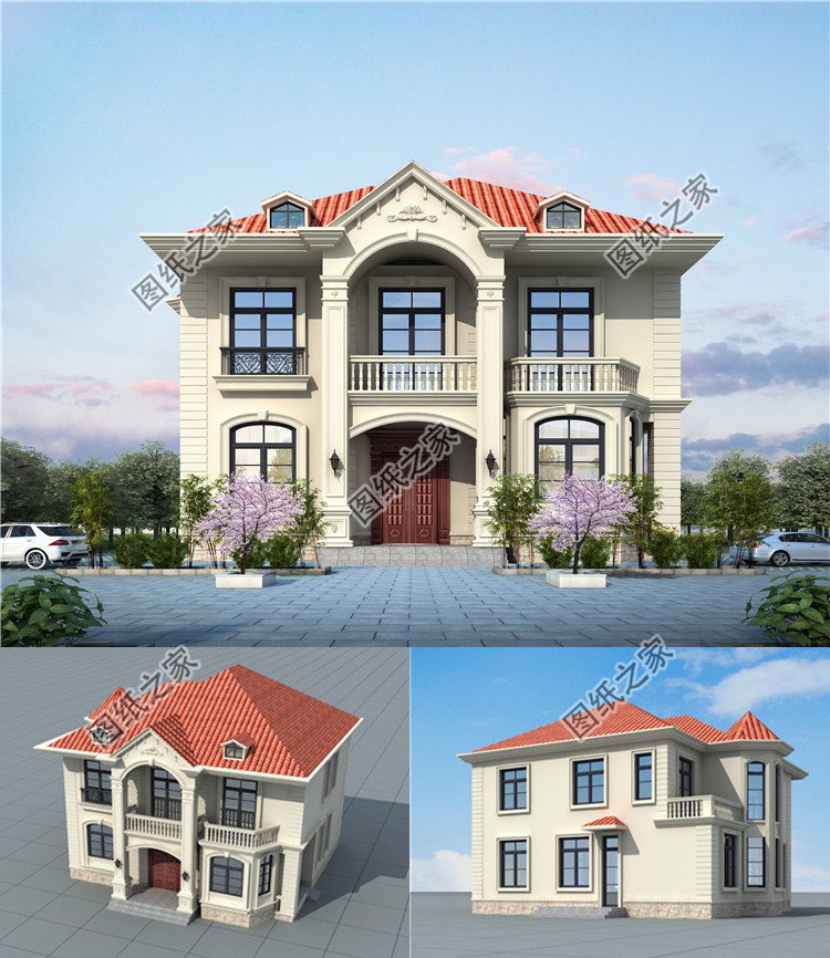 对称设计二层自建别墅效果图