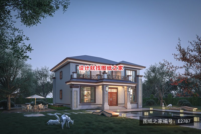 开间13米进深12.68米二层新中式风带大露台 效果图