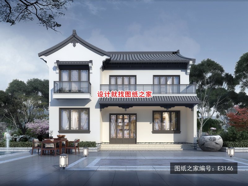 开间11.76米进深9.76米二层新中式风无罗马柱 效果图