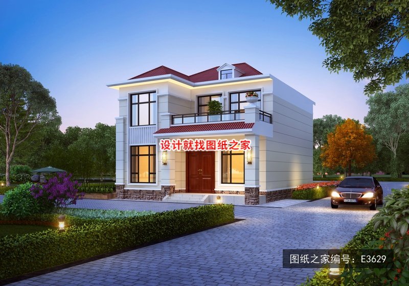 开间9.26米进深12.26米二层现代风带露台 效果图