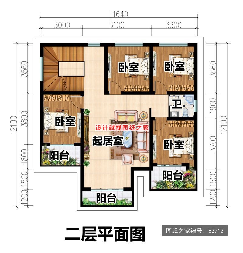 开间11.64米进深12.1米二层简欧风带车库 2层户型图
