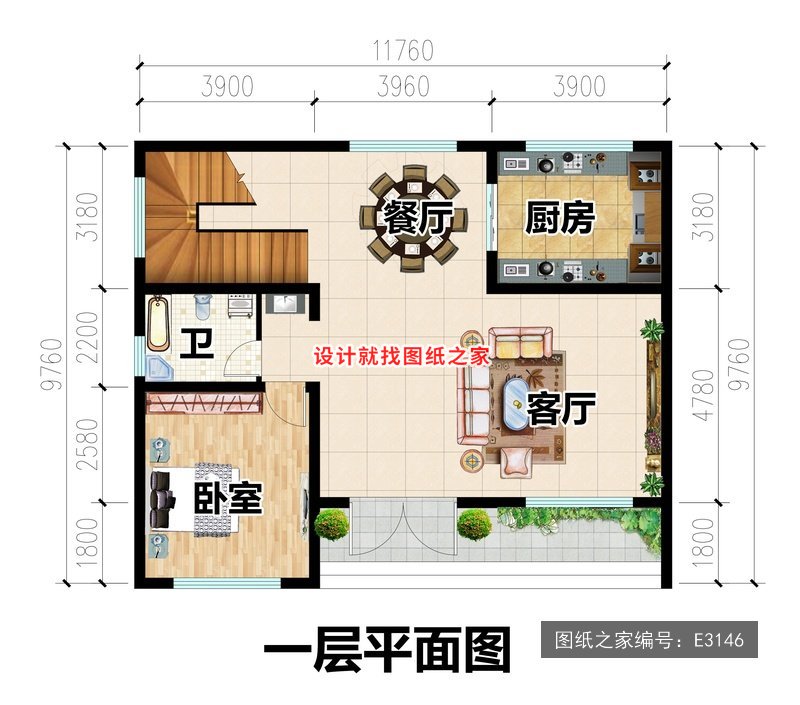 开间11.76米进深9.76米二层新中式风无罗马柱 1层户型图