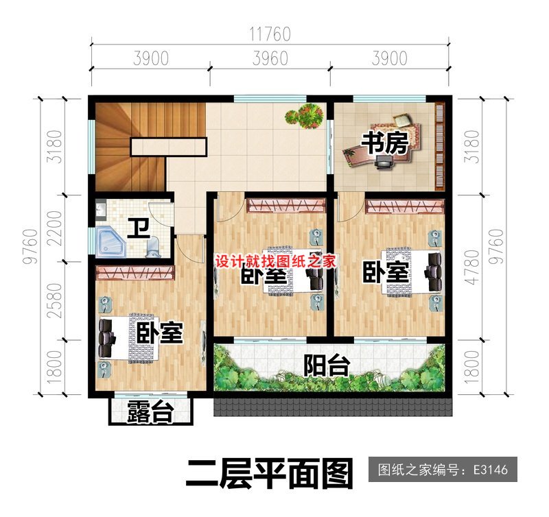 开间11.76米进深9.76米二层新中式风无罗马柱 2层户型图
