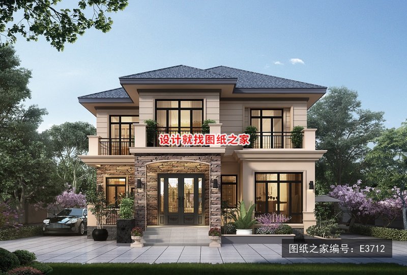 开间11.64米进深12.1米二层简欧风带车库 效果图