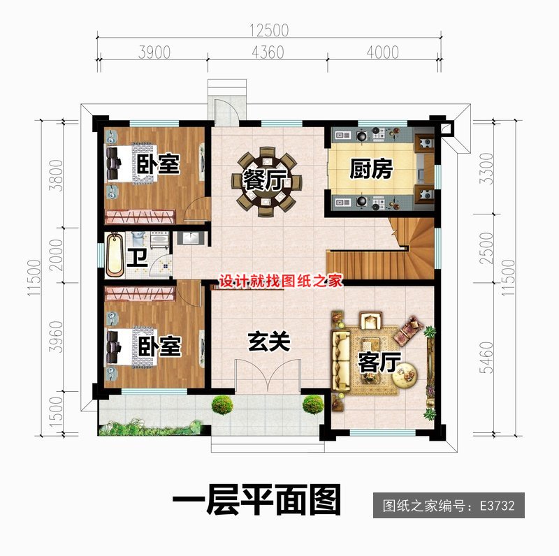 开间12.5米进深11.5米二层简欧风带阳台 1层户型图