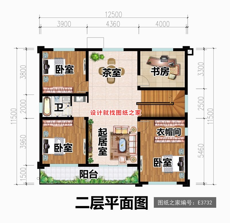 开间12.5米进深11.5米二层简欧风带阳台 2层户型图