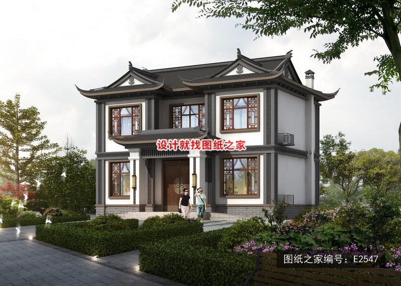 开间10.96米进深9.38米二层新中式风带露台 效果图