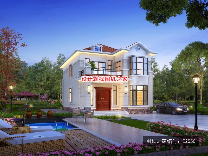 开间8.4米进深13.36米二层简欧风带大露台 效果图