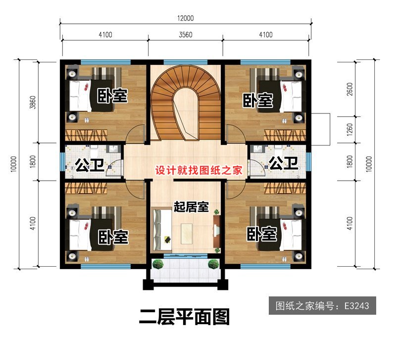 开间12米进深10米二层简欧风带罗马柱 2层户型图
