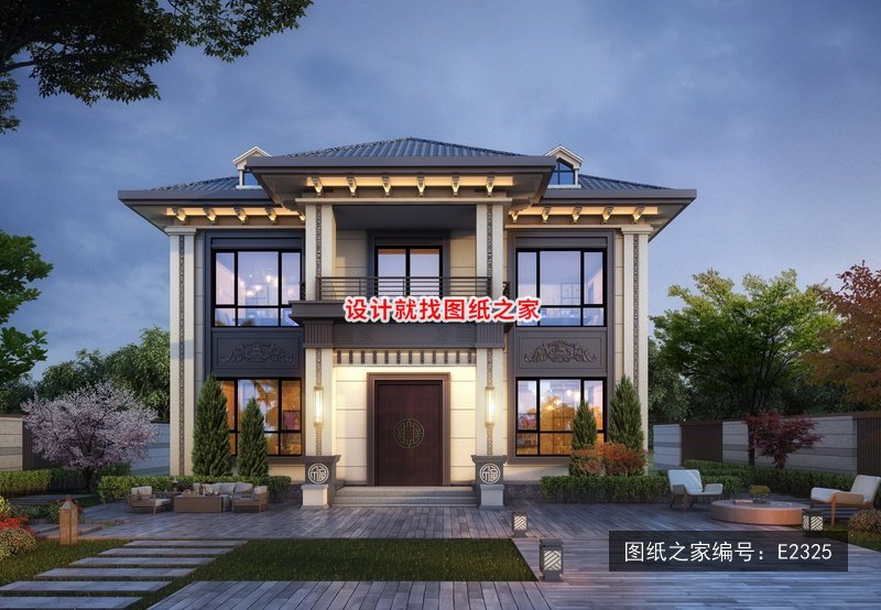 开间12.18米进深13.61米二层新中式风带阳台 效果图