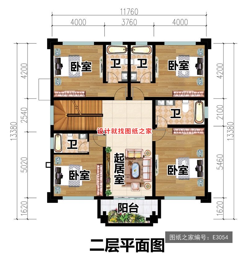 开间11.76米进深13.38米二层简欧风带车库 2层户型图