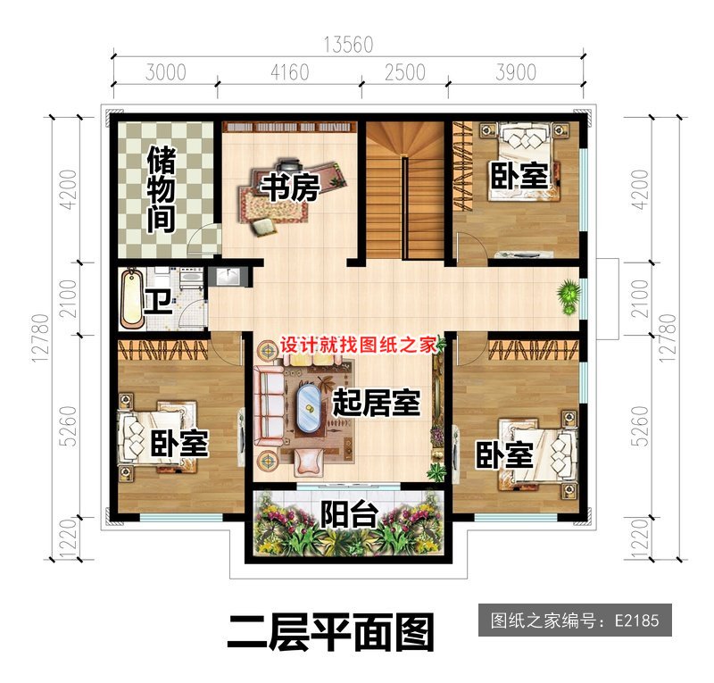 开间13.56米进深12.78米二层简欧风平屋顶 2层户型图