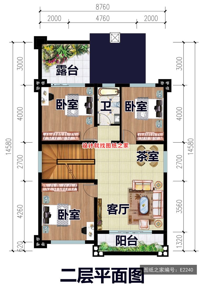 开间8.76米进深14.58米二层简欧风带露台 2层户型图