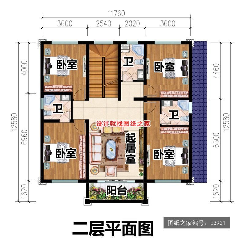 开间11.76米进深12.58米二层新中式风带车库 2层户型图