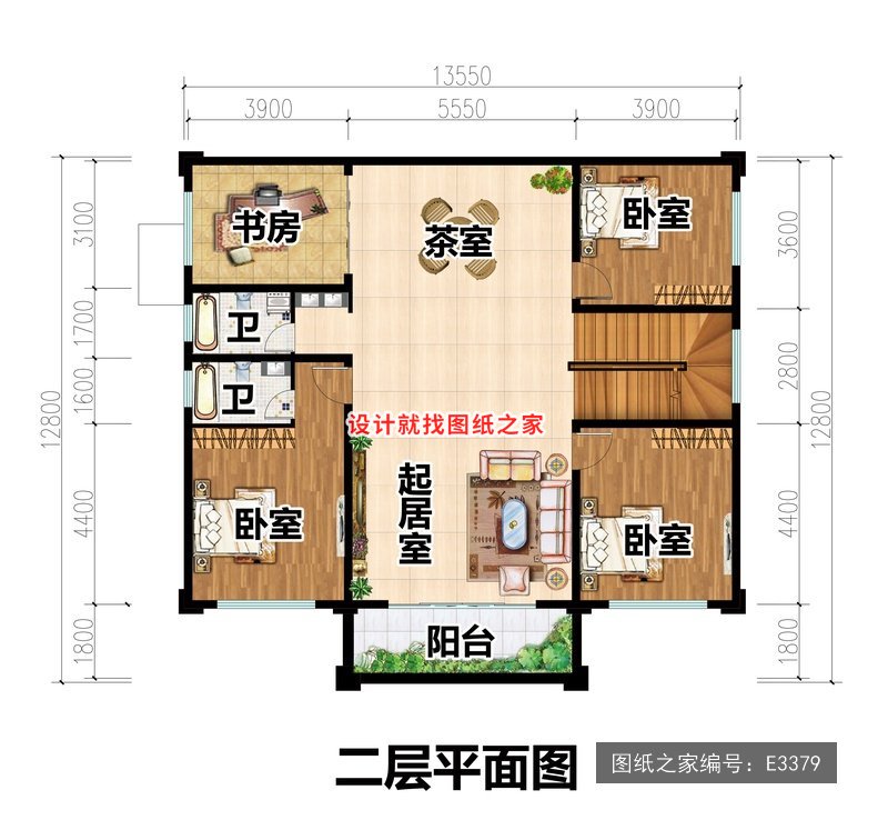 开间13.55米进深12.8米二层简欧风带阳台 1层户型图