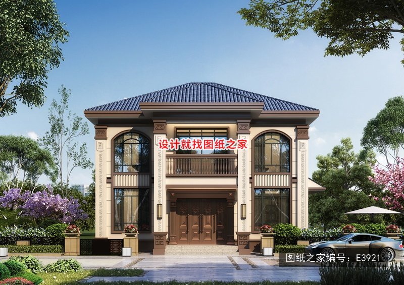 开间11.76米进深12.58米二层新中式风带车库 效果图