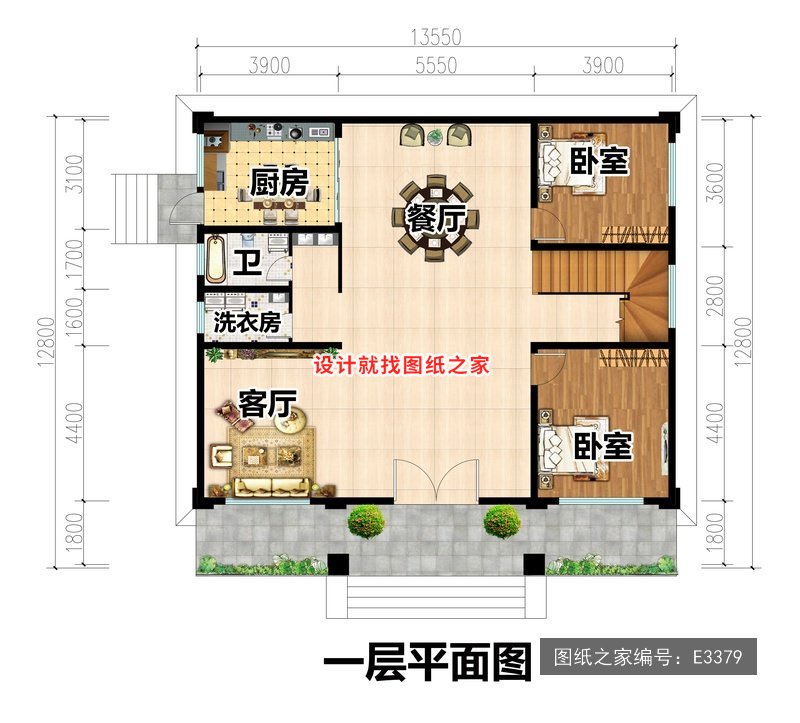 开间13.55米进深12.8米二层简欧风带阳台 2层户型图