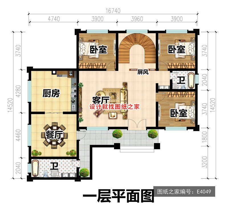 开间16.74米进深14.52米二层新中式风L型带配屋 1层户型图