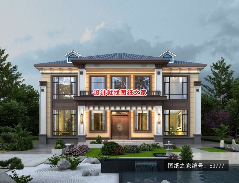 开间15.5米进深12米二层新中式风带大露台 效果图