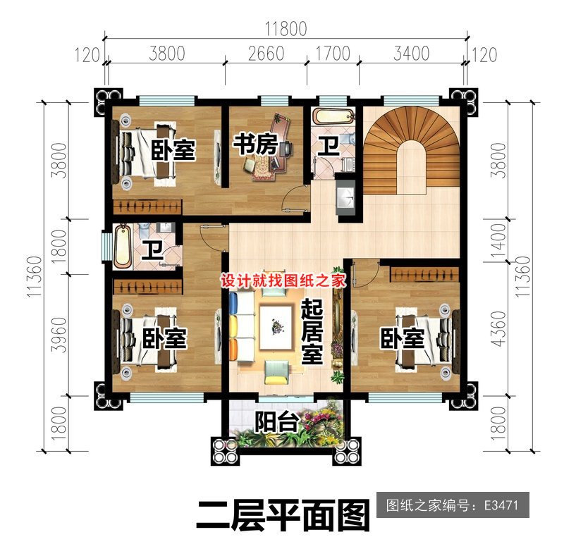 开间11.8米进深11.36米二层简欧风平屋顶 2层户型图