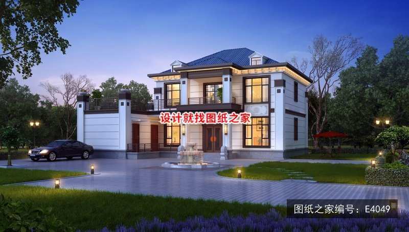 开间16.74米进深14.52米二层新中式风L型带配屋 效果图