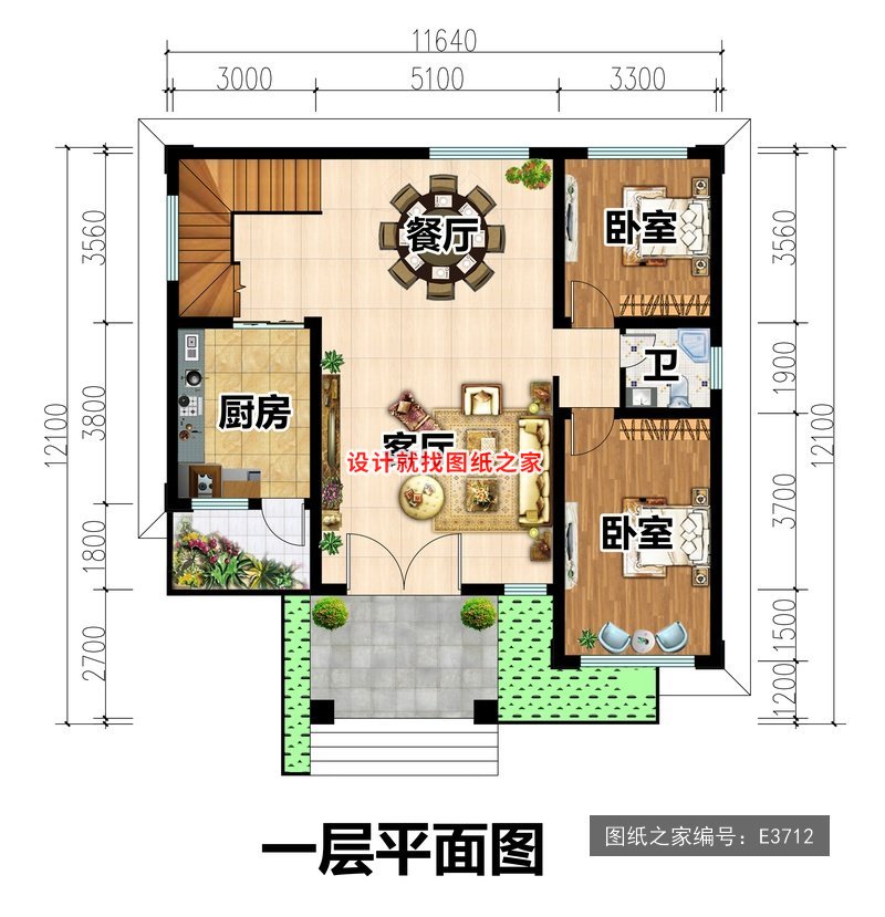 开间11.64米进深12.1米二层简欧风带车库 1层户型图
