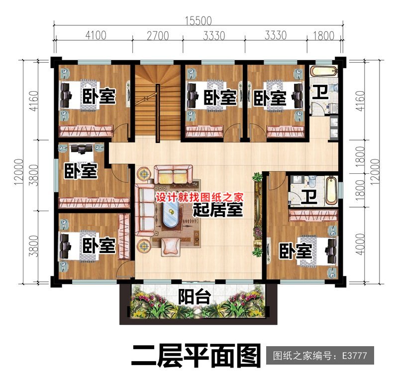 开间15.5米进深12米二层新中式风带大露台 2层户型图