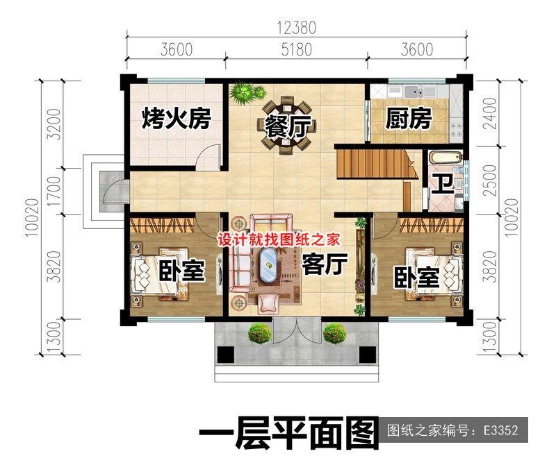 开间12.38米进深10.02米二层新中式风带茶座 1层户型图