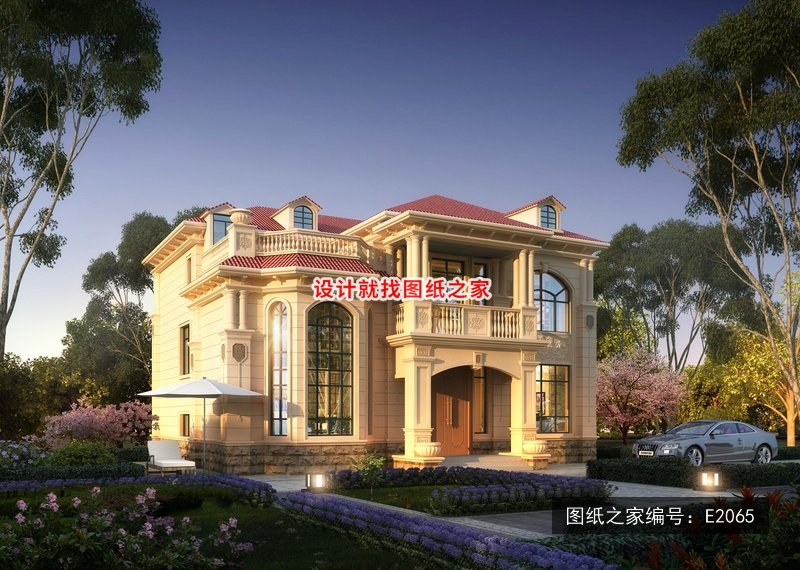 开间14米进深11.8米二层简欧风带车库 效果图