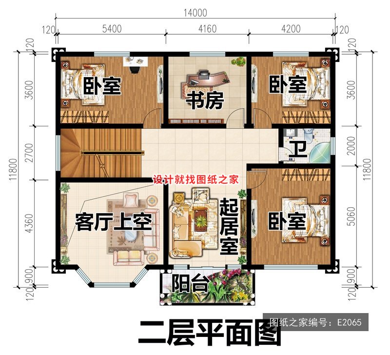 开间14米进深11.8米二层简欧风带车库 2层户型图
